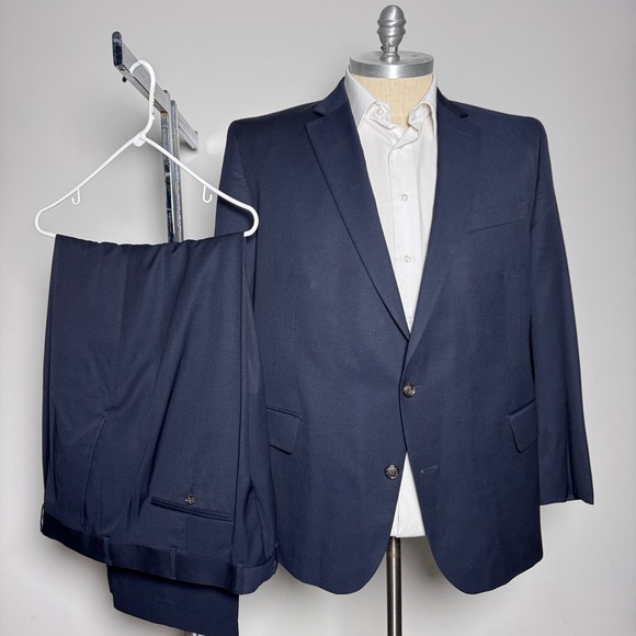 Stafford Travel Suit Mens 48PTREG 42x31 Navy Blue Solid Portly Fit Wool Blend